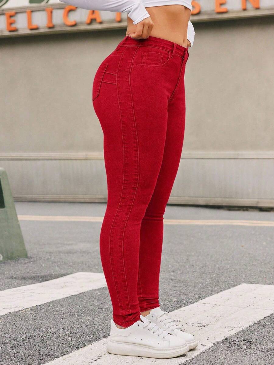 SHEIN ICON 大码女式纯色修身低腰休闲牛仔裤 - 紅色 - 查看 1