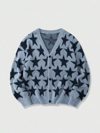 Street Life Men's V-Neck Long Sleeve Star Casual Jacquard Knit Cardigan , Fall/Winter