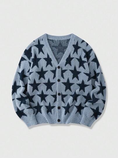 Street Life Men's V-Neck Long Sleeve Star Casual Jacquard Knit Cardigan , Fall/Winter