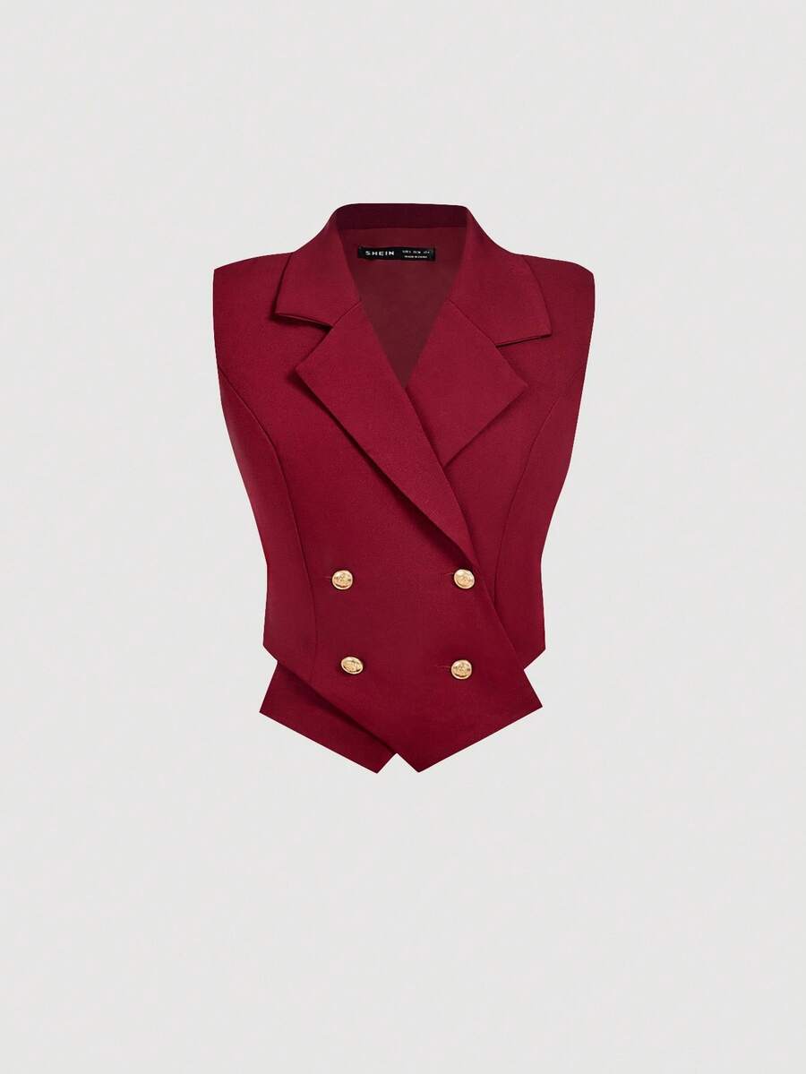 SHEIN MOD Áo vest vest hai hàng khuy ve lật dành cho nữ đi dự tiệc đêm hòa nhạc mùa thu/đông - Màu Đỏ Sâu - Xem 1