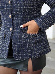 Ellevyn Plus Size Women Overcoat,Elegant Navy Blue Office Jacket With Pockets,Metal Buttons,Autumn Winter Modest Costumes For Work And Commute, - Navy Blue - View 6