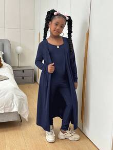 SHEIN طقم كاجوال مكون من 3 قطع للفتيات المراهقات: كارديجان طويل الأكمام بلون سادة، صدرية وبنطلون