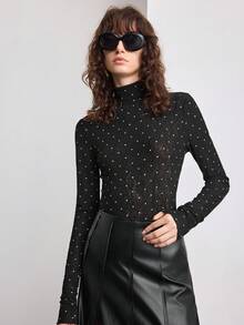 Ontre 2025 New Arrival Autumn/Winter Women's Tops, Polka Dot Fabric, Fitted Silhouette, Casual Chic & Versatile, Black Tight Fitting Turtleneck Sweater, Flattering, Slimming, Business Casual, Office Wear, Daily Outfit, Autumn/Winter, Halloween, Christmas, Valentine's Day, Thanksgiving, Long Sleeve, Ladies Office Attire, Wedding Guest Outfit, Tea Party, Holiday Party, Minimalist Elegant, Urban Stylish, Fashionable Women Blouse