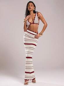 SHEIN BAE 女式条纹印花修身休闲时尚毛衣裙 - 酒紅色 - 查看 1