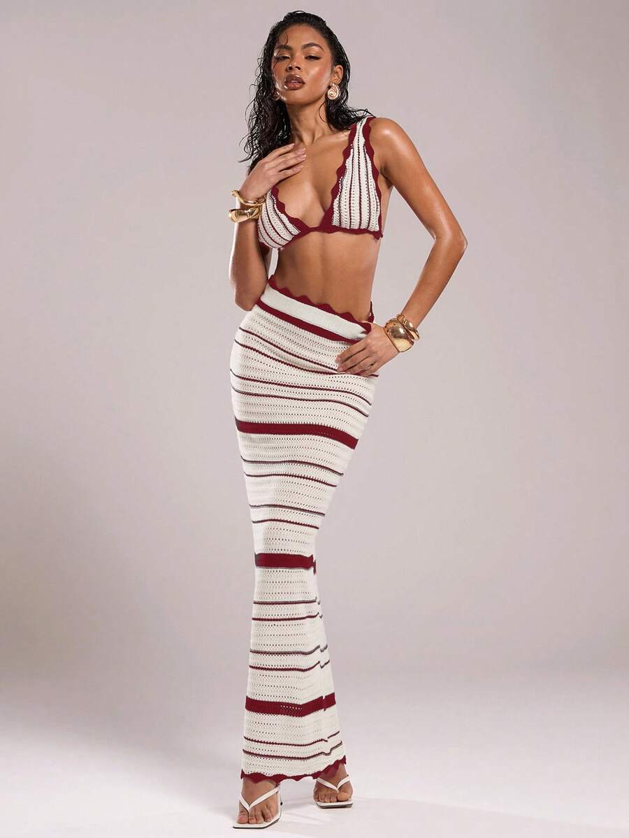 SHEIN BAE 女式条纹印花修身休闲时尚毛衣裙 - 酒紅色 - 查看 1