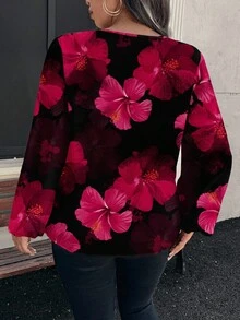 EMERY ROSE Elegant Floral Print Plus Size Blouse, Suitable For PartiesIn ,Flower/Spring/Summer/Vacation Fall - Multicolor - View 2