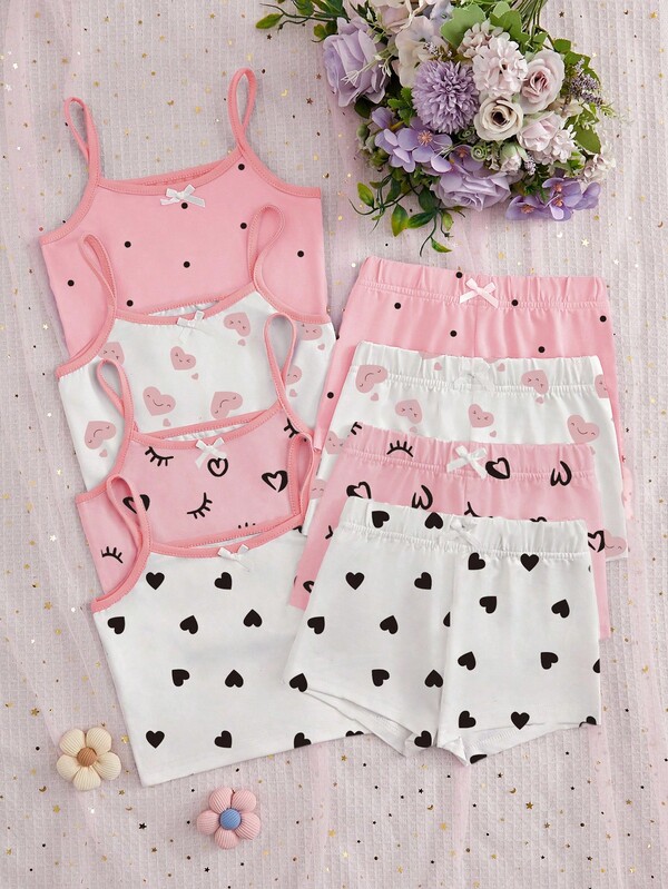 8pcs/Set Young Girls' Pink & White Sweet Heart Lash Print Camisole Bra And Shorts Set