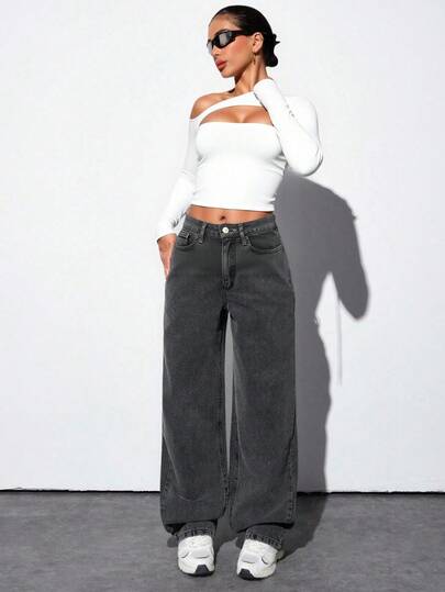 Woman High Waist Loose Straight Leg Grey Jean Wide Leg Jeans Woman Baggy Jeans Y2k 2 Piece Casual Sets Woman Jeans Two Piece Set 2 Piece Denim Sets Woman