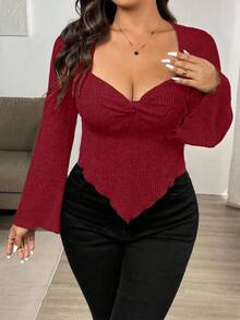 Vionelle 大码女式纯色甜心领扭纹设计长袖不对称下摆罗纹T恤 - 酒紅色 - 查看 4