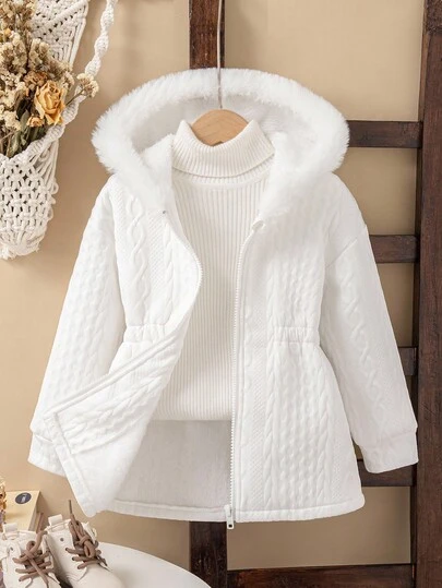 Genkimix Kids 1pc Girls' Winter 2025 New Jacket, Jacquard Plush Lined Zip-Up Cardigan With Hood, Elastic Waist, White Simple Elegant Warm Outerwear Fall
