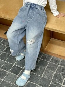 Dazy Kids 女童心形贴花牛仔裤 - 藍色 - 查看 1