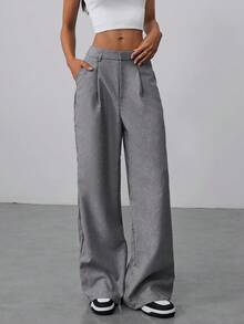 Aloruh Women's Winter & Fall Office Commuter Double Waistband Design Straight Loose Wide-Leg Super Long Maxi Low-Rise Suit Pants, Winter, Business Casual, Elegant,Wide Leg, - Dark Grey - View 6