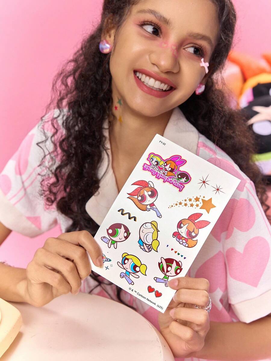 FanGlow THE POWERPUFF GIRLS X SHEIN 1件彩色卡通纹身贴适用于肩膀、颈部、锁骨、手臂、人体艺术、临时防水仿真纹身贴 - 彩色 - 查看 1