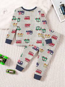 2 件套男婴卡通汽车印花针织加厚保暖衬里长袖上衣和裤子睡衣套装，秋冬 - 彩色 - 查看 2
