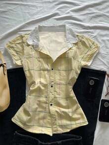 INAWLY Áo sơ mi kẻ caro tay ngắn, cài nút đơn giản cho nữ cỡ lớn - Nhiều màu - Xem 1