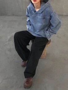 FRIFUL 女士宽松休闲连帽牛仔夹克 - 藍色 - 查看 2