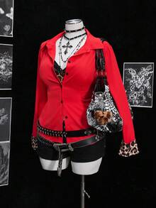 Sunspun Plus Size Sexy Leopard Print Contrast Color Fitted Shirt