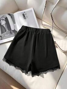 SHEIN Clasi Women's Fashionable & Elegant Lace Trim Elastic Waist Shorts - Black - View 2