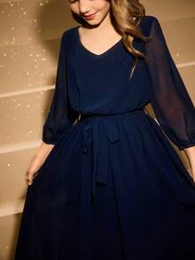 女童雪纺七分袖蝴蝶结连衣裙，适合花童、婚礼、舞会、生日派对、圣诞节、万圣节、返校、毕业典礼 - 藍色 - 查看 7