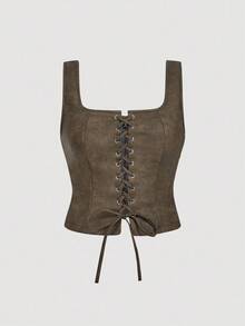 SHEIN MOD Áo tank top nữ cỡ lớn màu nâu sô cô la kiểu vintage, có khuy cài và dây buộc, thích hợp mặc hàng ngày, mùa thu/đông, phong cách miền Tây, đi xem hòa nhạc, công sở, đi làm, kiểu áo bạc màu, thích hợp cho năm mới, lễ tình nhân. - Màu nâu Sô-cô-la - Xem 1