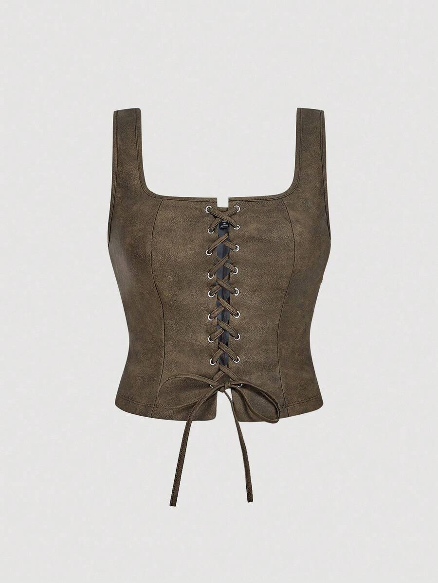 SHEIN MOD Áo tank top nữ cỡ lớn màu nâu sô cô la kiểu vintage, có khuy cài và dây buộc, thích hợp mặc hàng ngày, mùa thu/đông, phong cách miền Tây, đi xem hòa nhạc, công sở, đi làm, kiểu áo bạc màu, thích hợp cho năm mới, lễ tình nhân. - Màu nâu Sô-cô-la - Xem 1