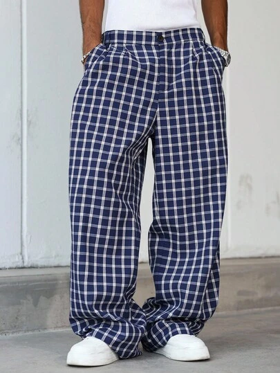 ROMWE MEN Prep Men's Fashionable Casual Plaid Pants, Loose Wide-Leg Trousers, Suitable For Street Wear, Fall