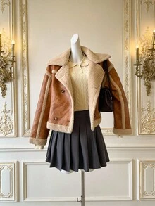 SHEIN MOD 休闲复古双排扣羊毛大衣，秋冬季，女士冬季外套，新年夜，女士外套，女士，长款女士外套，冬季女士外套，优雅外套，商务女性 - 黃色 - 查看 3