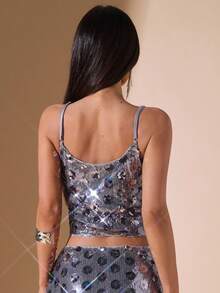 SHEIN BAE 女士秋冬无袖露背亮片吊带背心，优雅适合晚宴、狂欢派对、约会之夜、夜店聚会。Y2K闪亮圣诞女装，圣诞派对女装上衣，节日派对女装上衣，感恩节/性感女装，夜店女装 - 銀色 - 查看 2