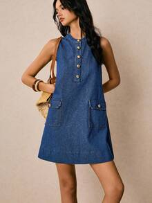 Poéselle 新品 女式牛仔连衣裙 半开襟无袖 A 字直筒连衣裙 蓝色 秋季服装 法式休闲 女士休闲连衣裙 度假连衣裙 返校节连衣裙 外出连衣裙 复古连衣裙 返校节生日连衣裙 女士教师装 纽扣连衣裙 女式牛仔连衣裙 牛仔迷你连衣裙 带口袋连衣裙 无袖牛仔连衣裙 纽扣前开襟连衣裙 带口袋牛仔连衣裙 - 中等水洗藍 - 查看 3