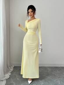 Elenzga Women's Oblique Collar Long Sleeve Textured Striped Pleated Waist A-Line Casual Dress,Pale Yellow,Autumn,Elegent,Party Versatile Fall Cloth For Women - Yellow - View 5
