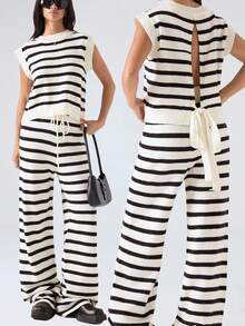 LYSMO 2025 Women Minimalism Black And White Striped Autumn Casual Everyday Contrast Knit Vest And Pants 2 Pieces Set Stockholm Style Business Outfits - Black and White - View 1