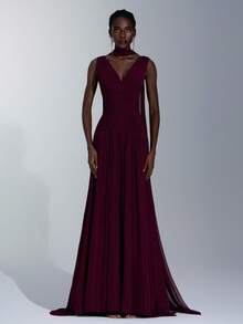 Elitara 优雅的勃艮第光泽网眼 V 领褶饰超喇叭 A 字裙（可拆卸悬挂雪纺荷叶边），适合约会、单身派对、婚礼、正式活动、伴娘礼服 - 酒紅色 - 查看 8