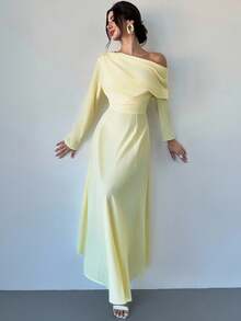 Firerie 女士优雅日常时尚新款浅黄色不对称露肩长袖超长连衣裙，A 字腰收腰奶油黄色长裙，适合毕业典礼、派对、下午茶、海滩、茶会、优雅、通勤、约会、婚礼季、毕业装、舞会、表演服、音乐会、工作服、年会 - 黃色 - 查看 6