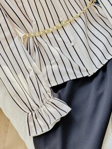 GlowEve Striped Print Collared Ruched Long Sleeve Shirt & Wide Leg Pants Elegant 2 Pieces Set For Women - Multicolor - View 6