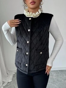 SHEIN Elenzya 女士天鹅绒绗缝无袖背心夹克，优雅适合日常通勤、商务、法式浪漫约会、派对、圣诞节、秋冬，黑色和米色拼色衬垫背心 - 彩色 - 查看 6