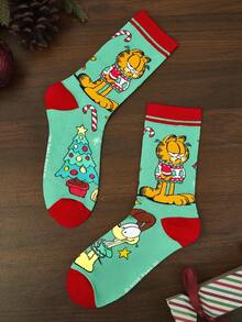 GARFIELD | SHEIN 柔軟透氣吸濕休閒中筒襪 薑餅人圖案 節慶綠 中筒襪 加強耐用 中性款 冬季禮物 - 彩色 - 查看 4