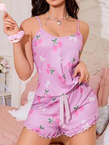 樱桃印花细肩带蕾丝花边女式休闲睡衣套装，夏季家居服 - 彩色 - 查看 5
