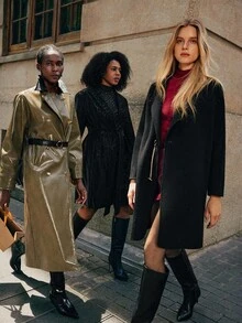 Maija 女士秋季撞色翻领长袖双排扣PU皮长款风衣，外出 - 軍綠色 - 查看 6