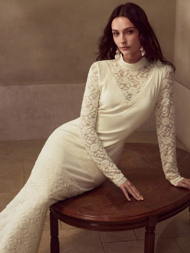 VESTIDO LONGO ELEGANTE AJUSTADO DE RENDA CONTRASTANTE PARA MULHERES