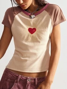 Bohemela 女式休闲针织拼色露背短袖T恤 - 杏色 - 查看 2