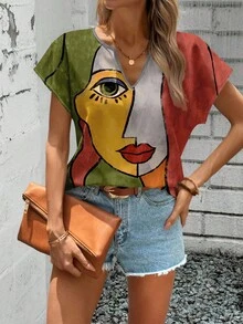 Sylviya Casual Full Print Portrait Pattern Women V-Neck Shirt, Suitable For Summer,Short Sleeve Tops Suitable For Going Out Chic Blouses For Women