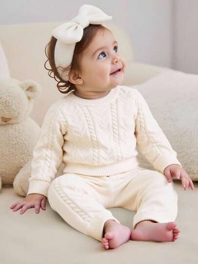 SHEIN Girls' Solid Color Cable Knit Sweater Set, Spring/Autumn