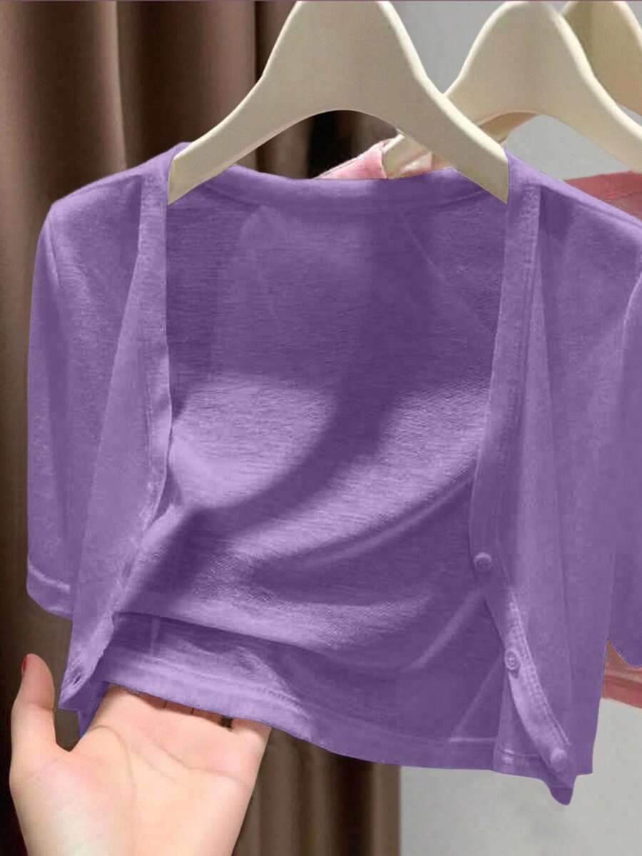 INAWLY Áo khoác cardigan mỏng tay ngắn cỡ tiêu chuẩn dành cho nữ khi đi dã ngoại và đi nghỉ - Màu tím - Xem 1