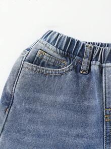 SHEIN Young Boy Casual Soft Distressed Fashionable Stonewashed Thermal Lined Loose Fit Baggy Jeans,Casual And Versatile For Fall/Winter Dailywear And Streetwear Costume,For Halloween And Christmas,Jeans,Jeans,Winter Jeans - Medium Wash - View 4