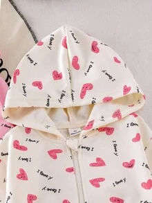 SHEIN 2件套女童针织连帽长袖可爱卡通印花拉链外套，带口袋，杏色和粉色，春秋季儿童休闲外套 - 彩色 - 查看 3