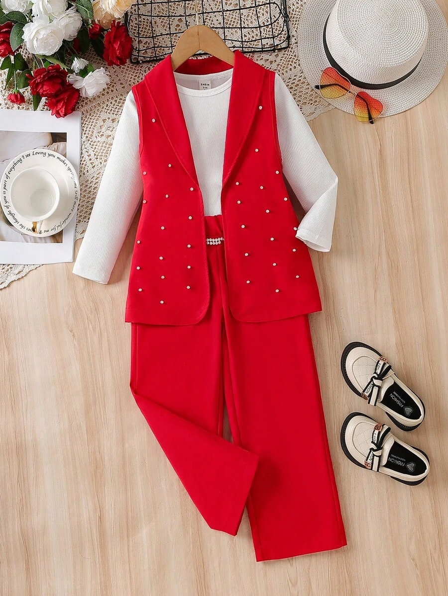 3 Stücke/Set Mode für Kleine Mädchen, weißes Langarm T-Shirt mit Rundhalsausschnitt + rosa Blazer Weste mit Perlen + Hose mit elastischem Bund und weitem Bein, geeignet für Alltag, Lässig, Schule, alle Jahreszeiten