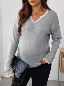 SHEIN Maternity Sweater With Fringe Trim On Neckline And Cuffs, Long Sleeve - Grey - View 1