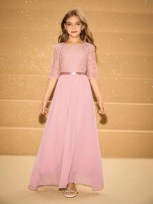 Girls' Flowing Lace Patchwork Chiffon Flared Dress With Square Neck, Suitable For Wedding, Prom, Birthday Party, Back To School, Graduation, Christmas, Halloween Fall Winter - Dusty Pink - View 5