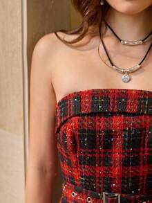 Wildy 女士时尚格子印花抹胸迷你连衣裙 - 酒紅色 - 查看 6