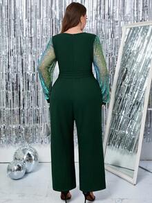 SHEIN Clasi Plus Size Women's Elegant V-Neck Jumpsuit, Suitable For Party 2025 Autumn And Winter New Style  Halloween Costumes   Christmas New Year Old Money Style - Dark Green - View 2